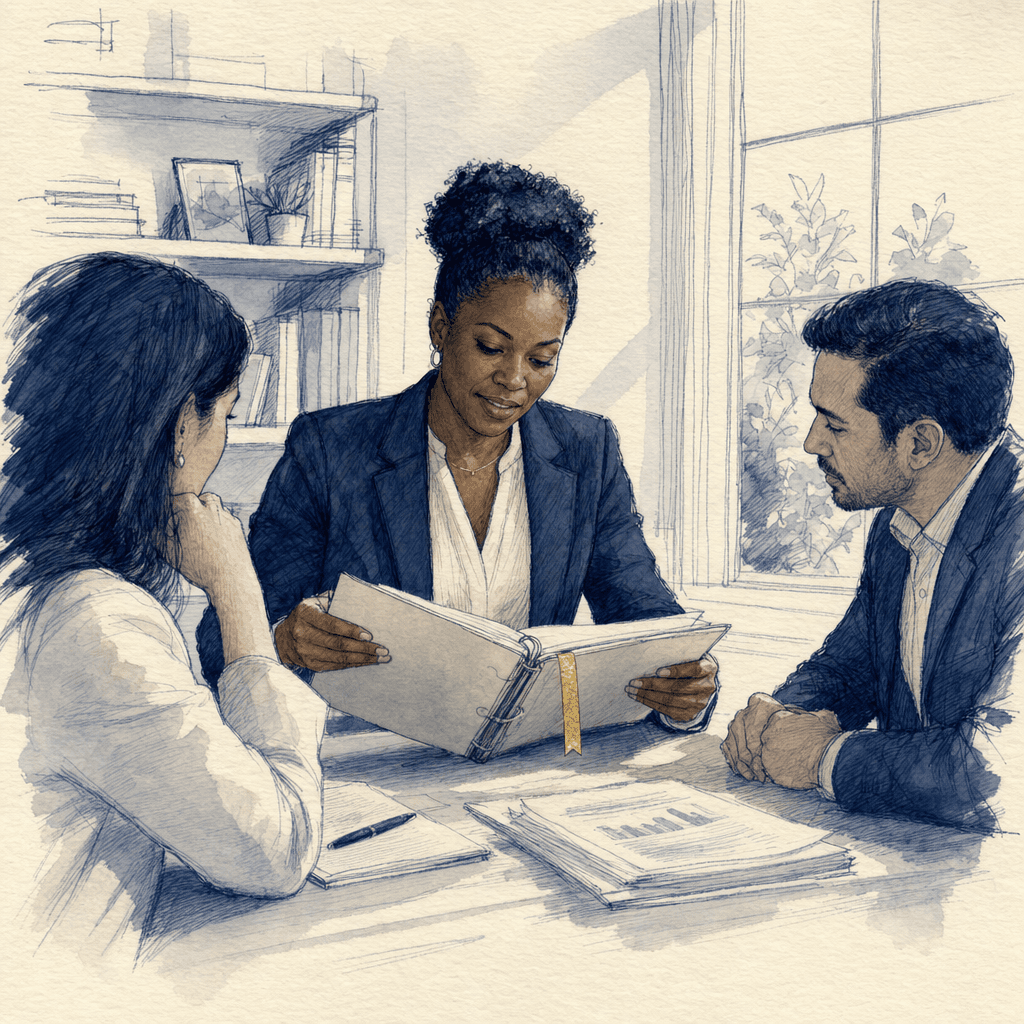 Hand-drawn illustration of buyers comparing business quality criteria