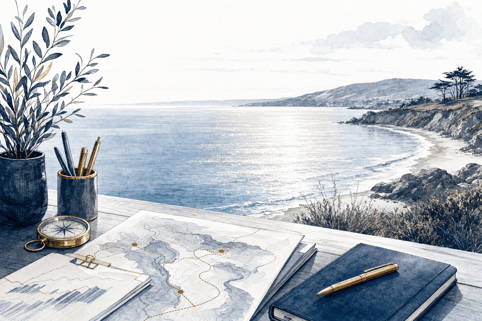 Hand-drawn silver shore coastline with advisory worktable, compass, mapped paths, and calm blue water