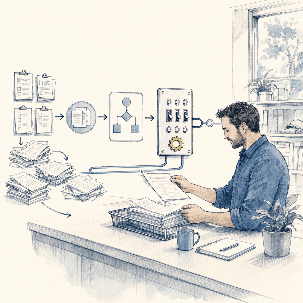 Hand-drawn illustration of manual work organized into a clearer workflow