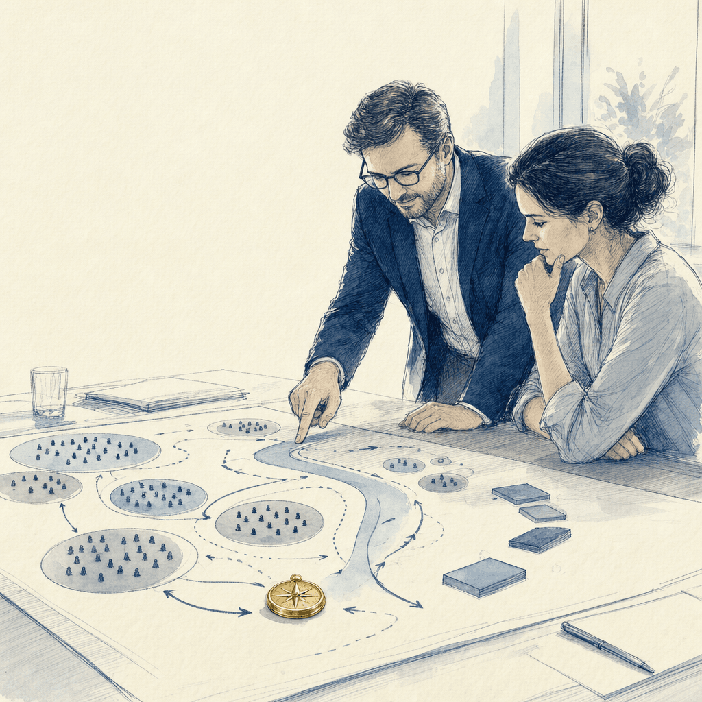 Hand-drawn illustration of market clarity and ranked opportunity mapping
