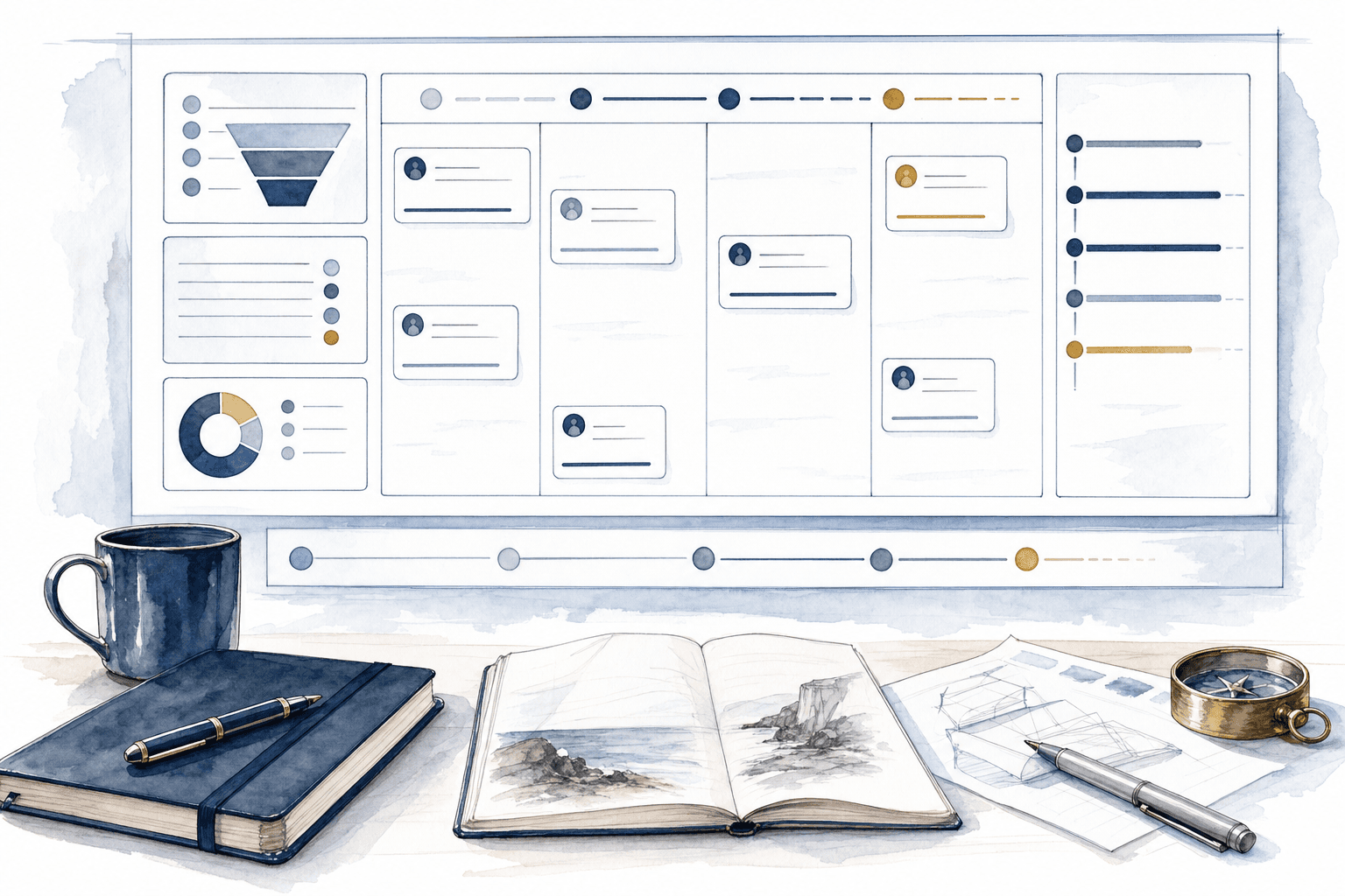 Hand-drawn illustration of operations dashboards and decision views
