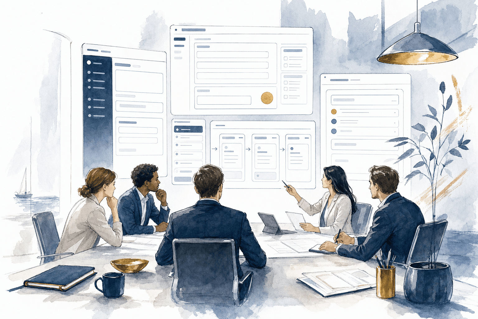 Hand-drawn illustration of internal software tools, forms, and role-aware dashboards