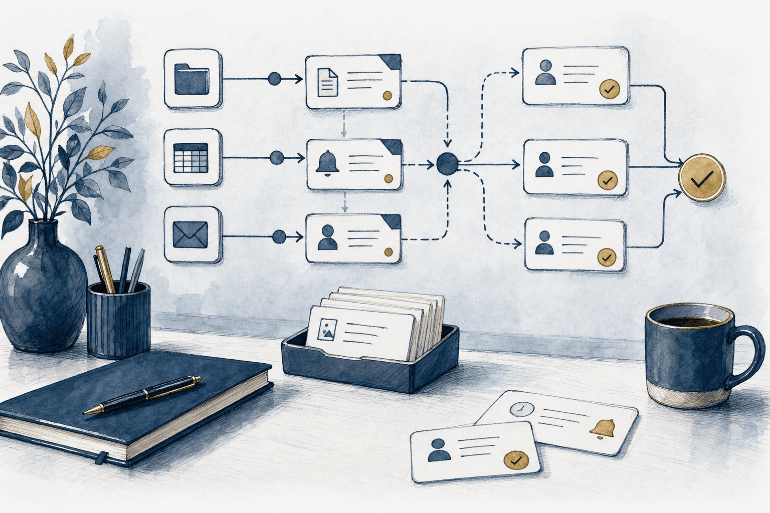 Hand-drawn AI workflow moving research into scheduled LinkedIn posts