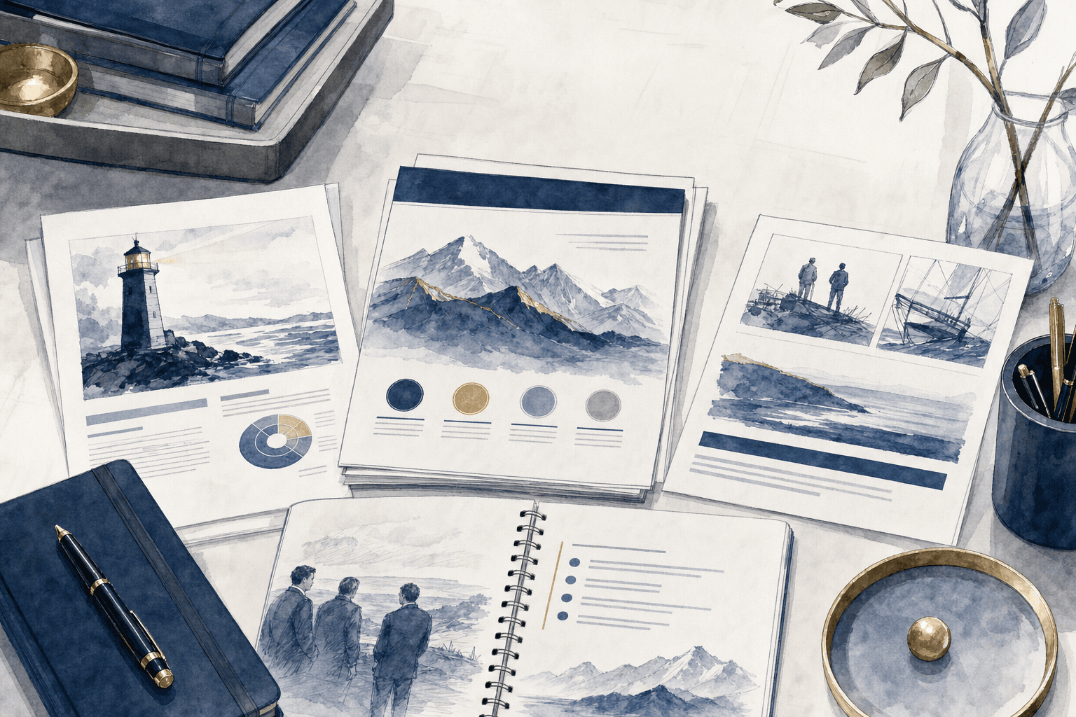 Hand-drawn illustration of sales collateral, one-pagers, and presentation materials