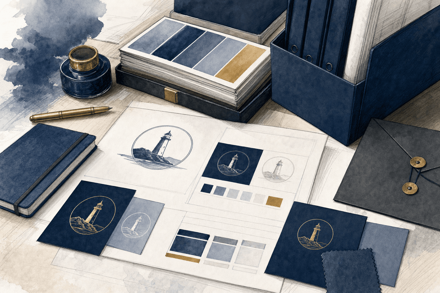 Hand-drawn illustration of logo files and visual identity standards organized for business use