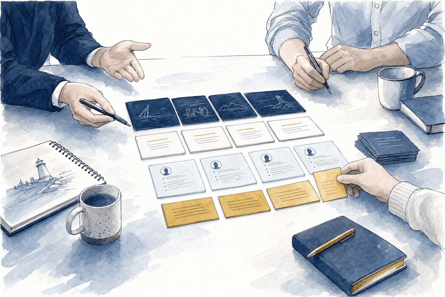 Hand-drawn illustration of positioning notes and reusable messaging cards
