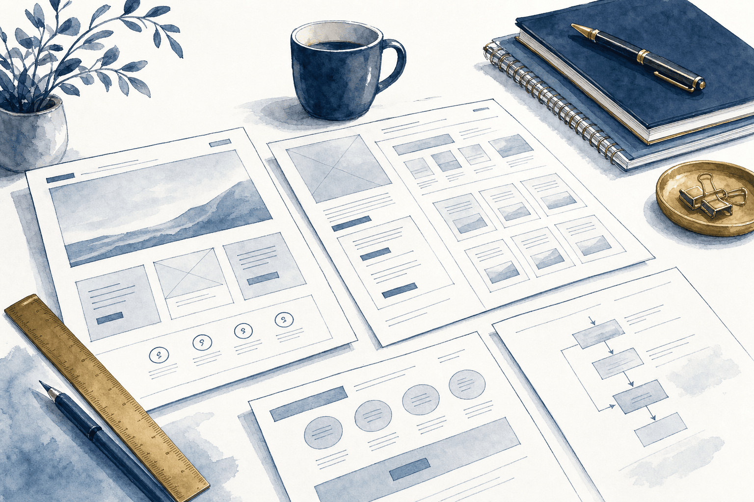 Hand-drawn brand website and outreach source organized on a desk