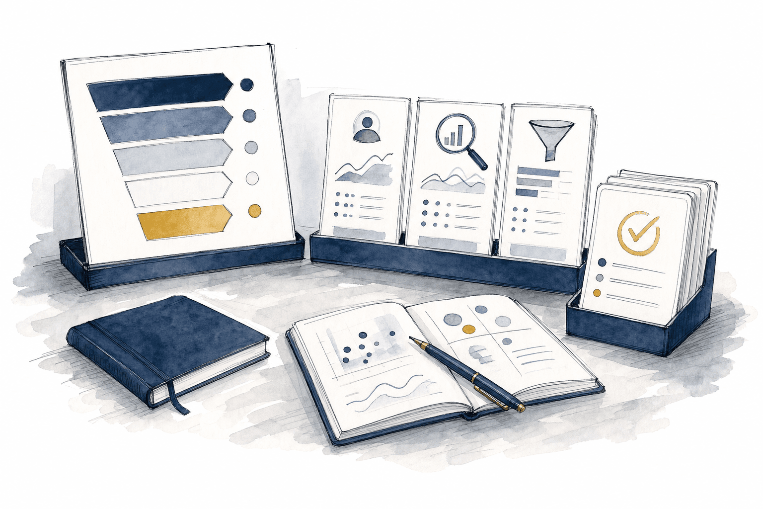 Hand-drawn illustration of ranked go-to-market channels and buyer behavior signals