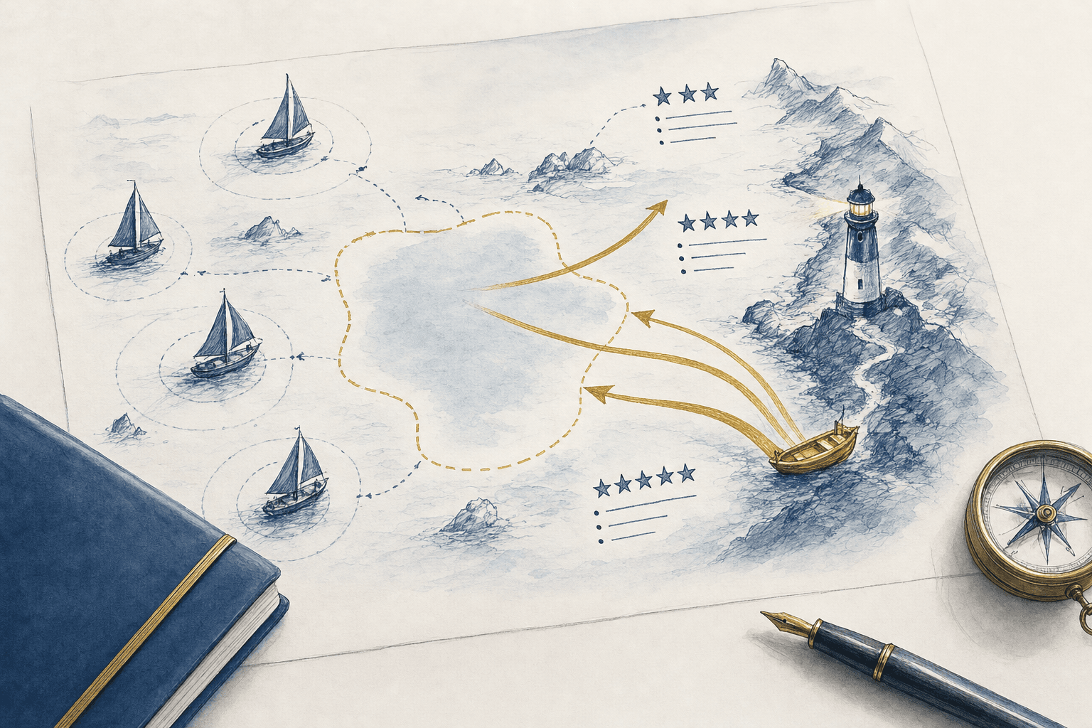 Hand-drawn illustration of competitor positions and market whitespace
