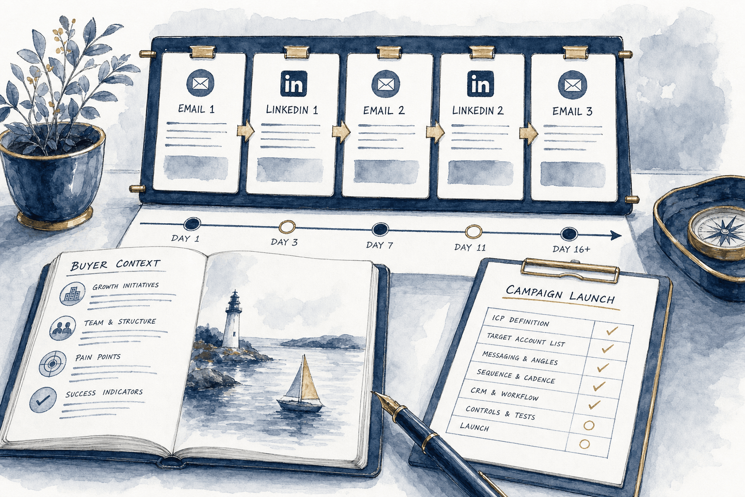 Hand-drawn outreach campaign board with qualified discovery calls moving into a pipeline