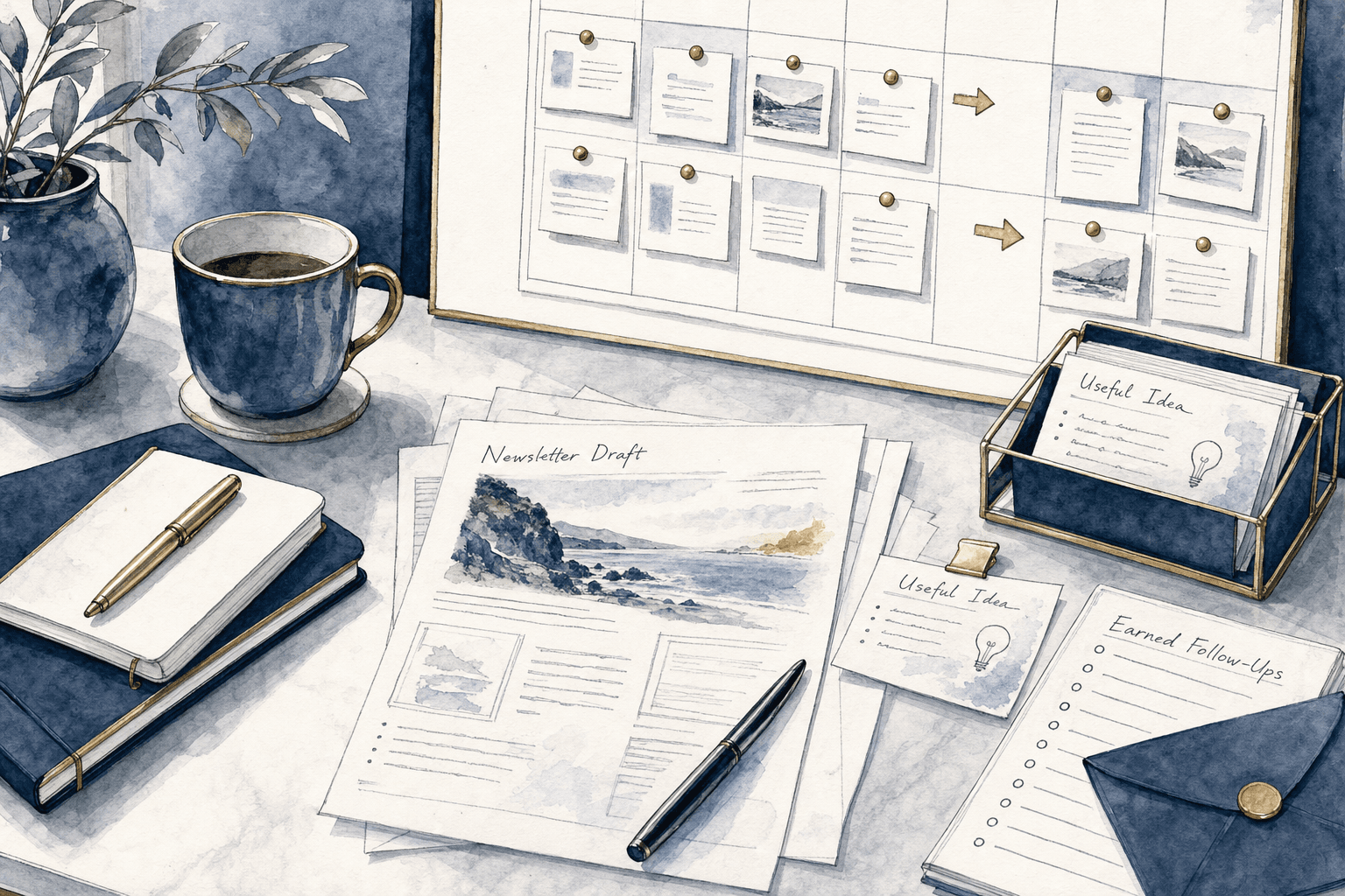 Hand-drawn illustration of newsletters, content notes, and follow-up touchpoints