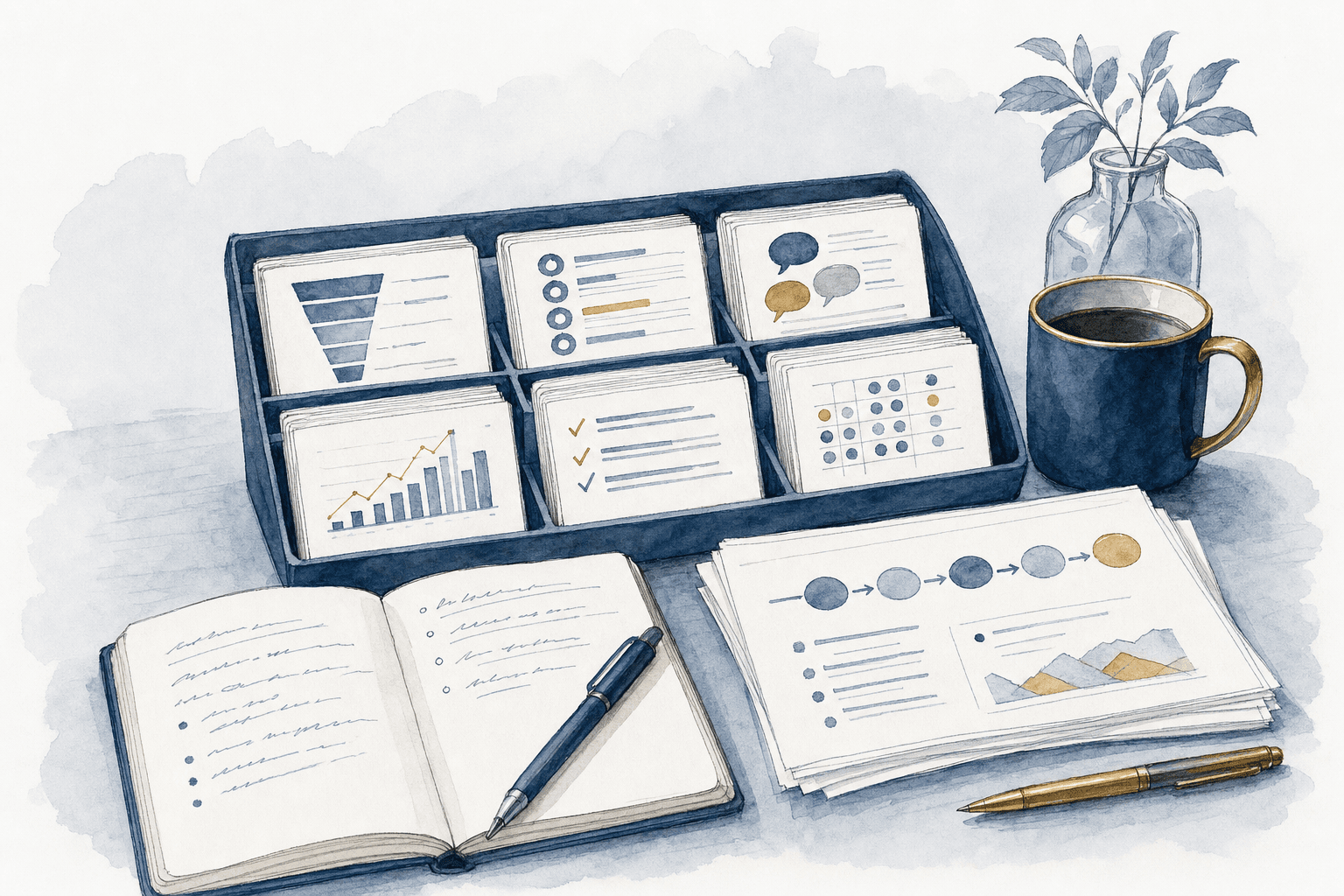 Hand-drawn reporting dashboard with readouts and decision notes