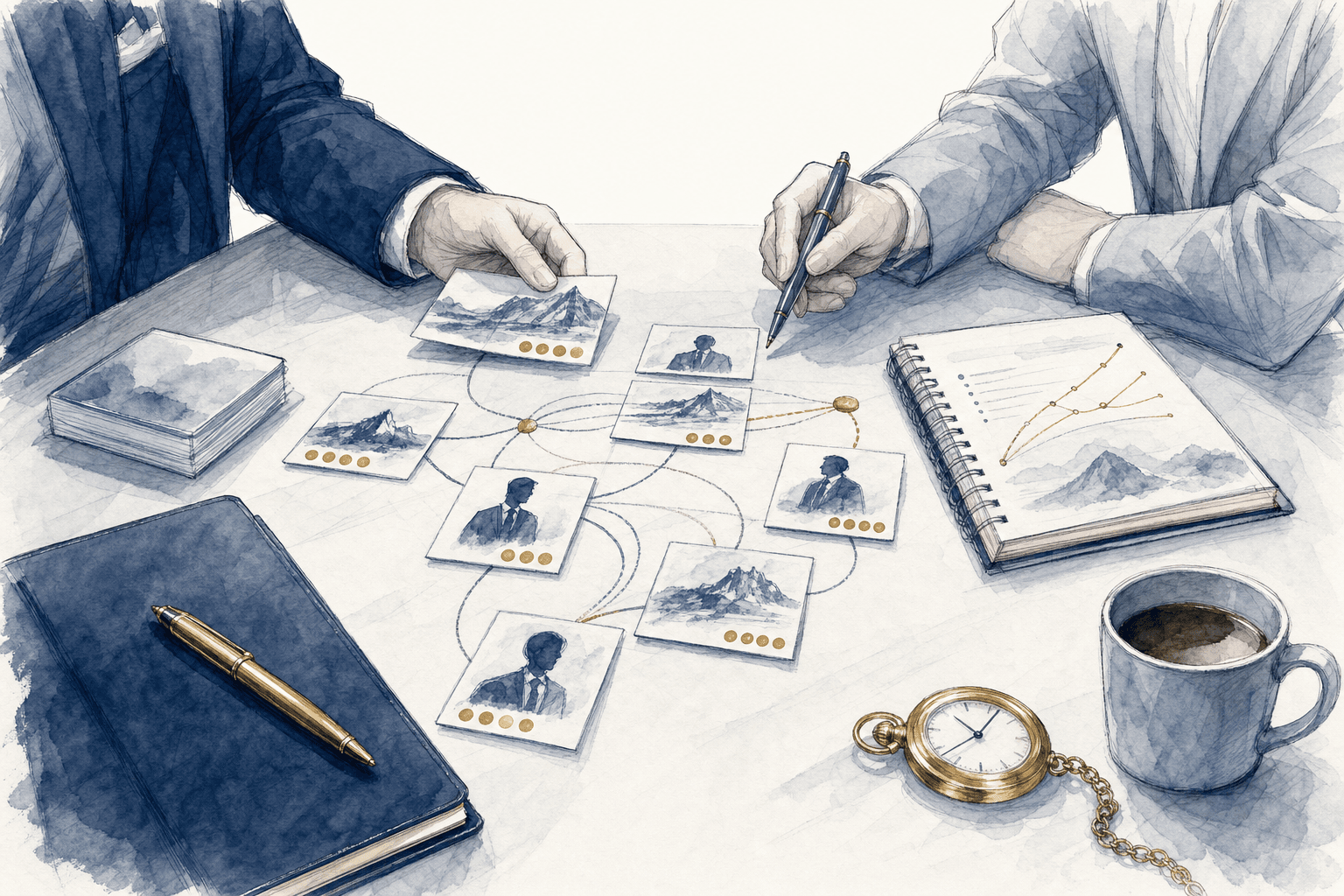 Hand-drawn illustration of buyer maps and advisor relationship paths
