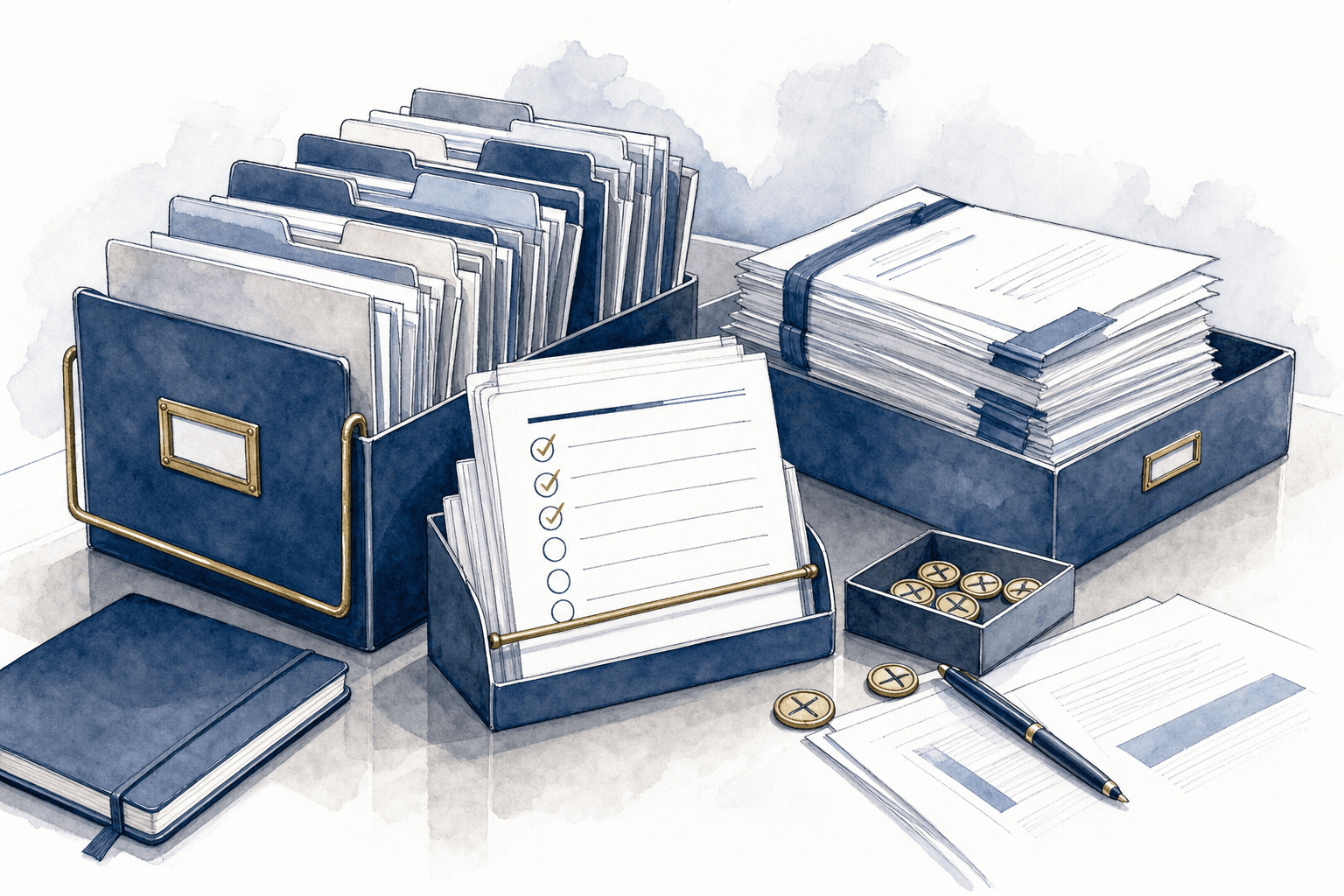 Hand-drawn illustration of data room folders and diligence checklists