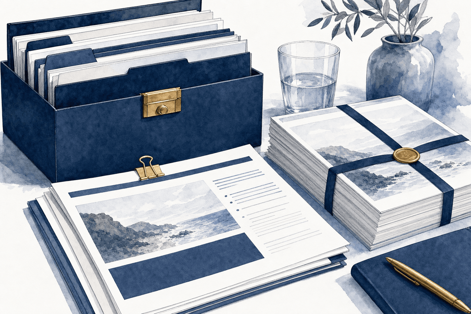 Hand-drawn investor package and organized data room prepared for a buyer conversation