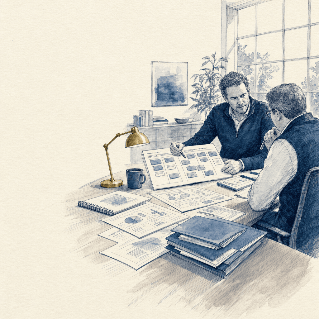 Hand-drawn illustration of an operating team reviewing growth, automation, and readiness priorities