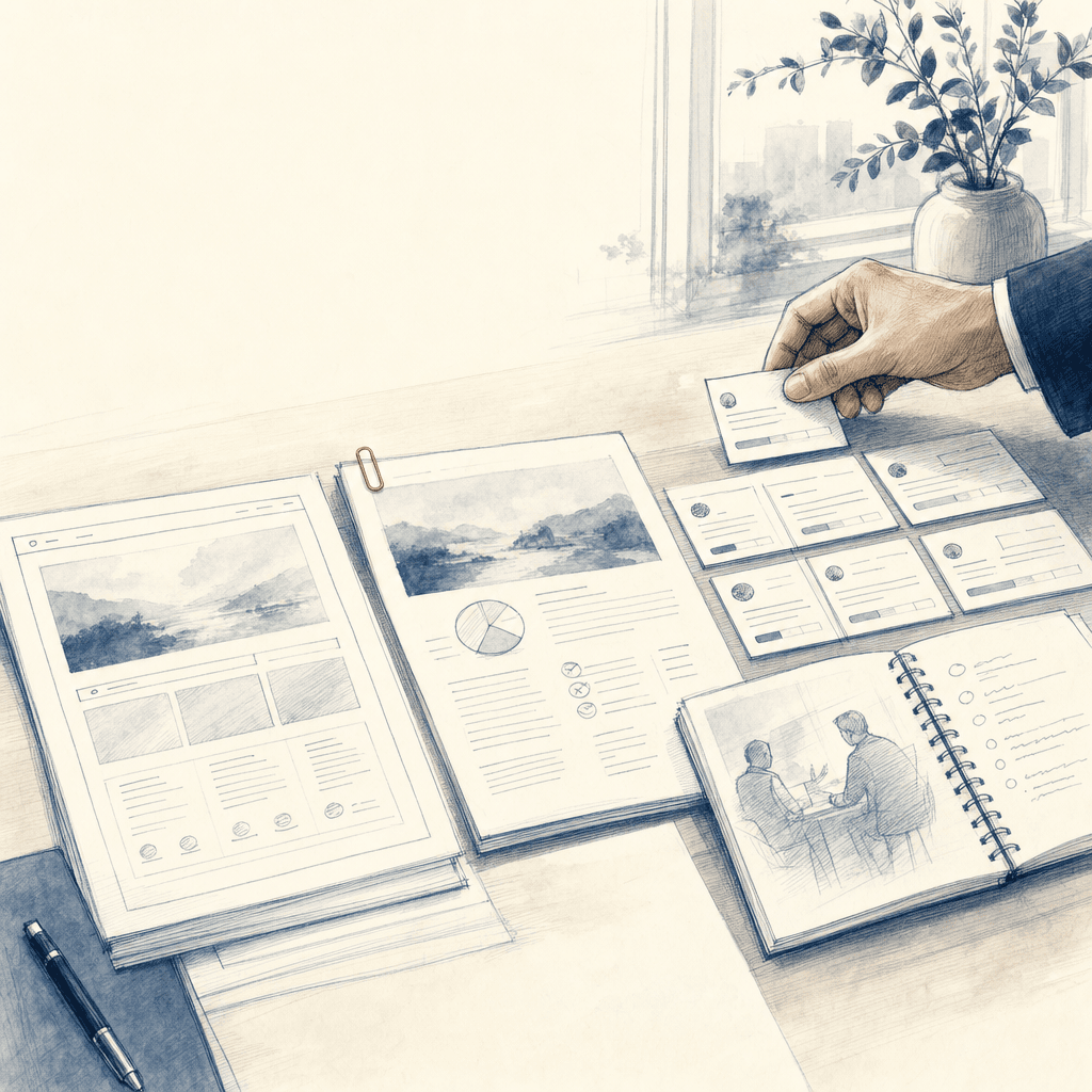 Hand-drawn illustration of credibility materials and useful business assets