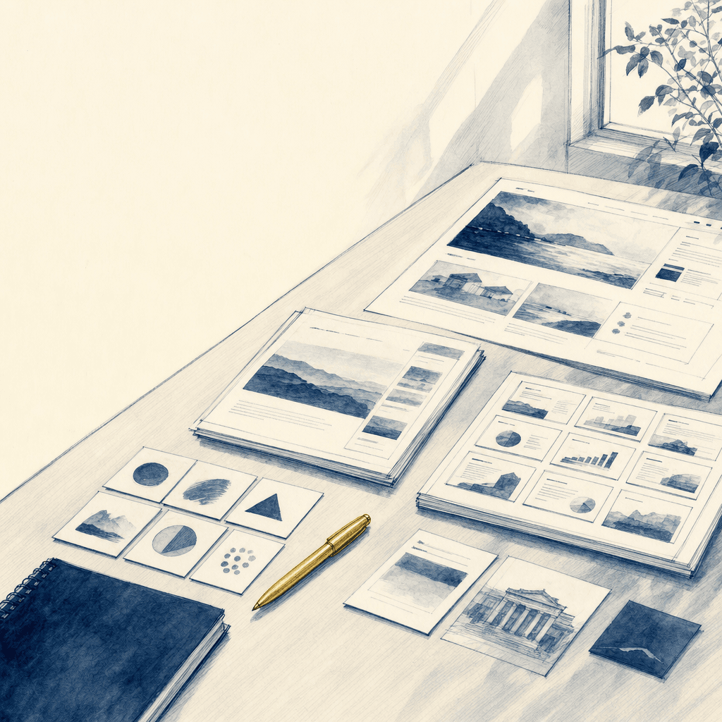 Hand-drawn illustration of brand proof, website, one-pager, and slide deck materials