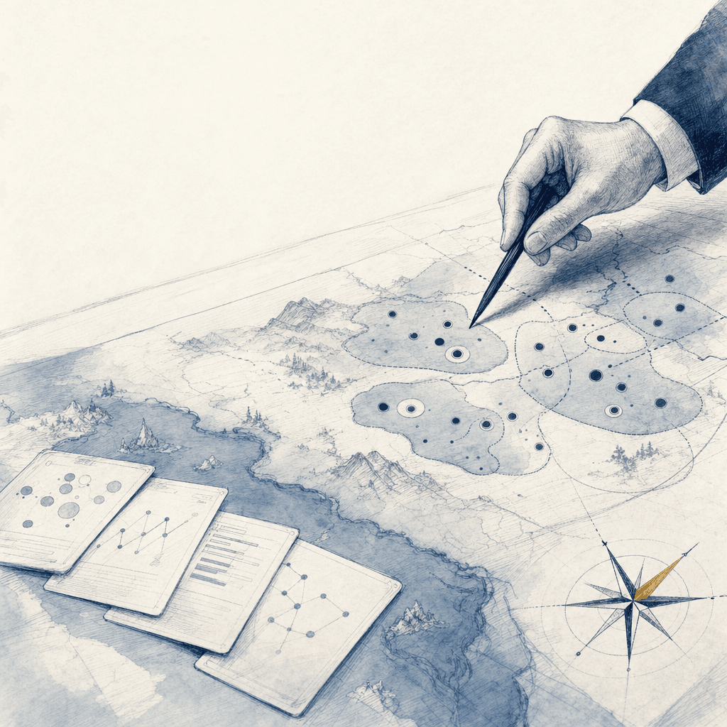 Hand-drawn illustration of market segments, competitor positions, and channel signals
