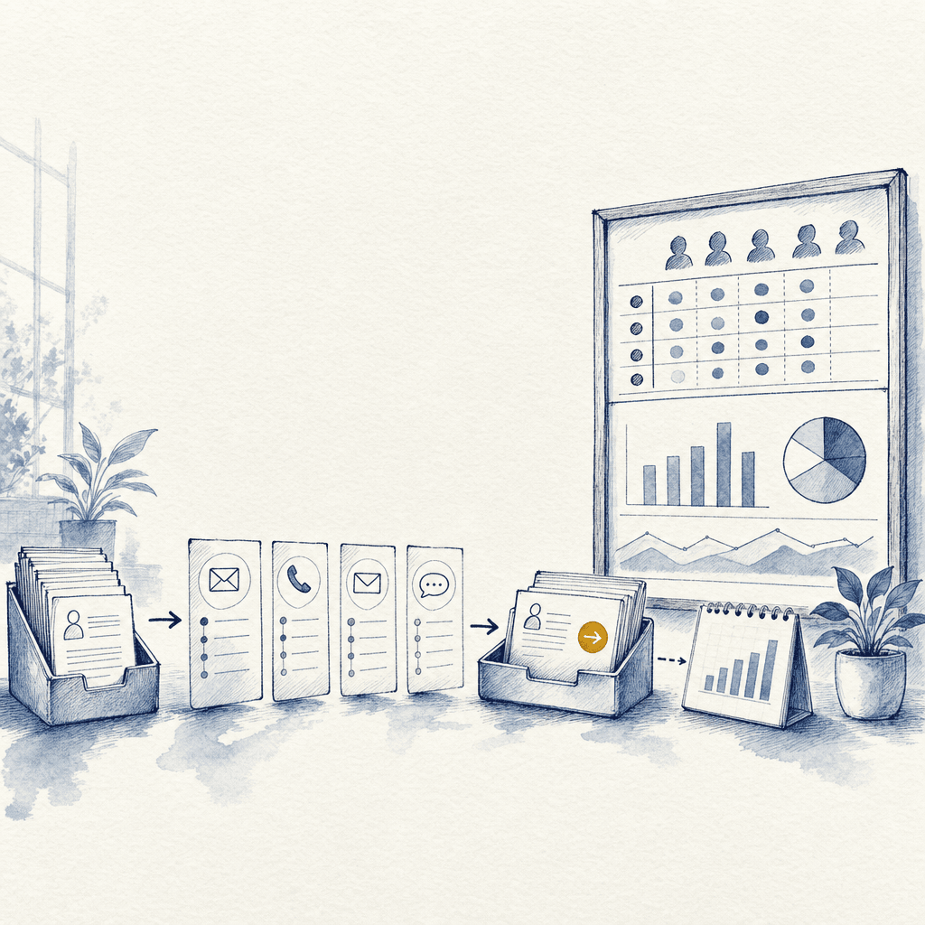 Hand-drawn illustration of lead lists, outreach sequences, reply routing, and reporting