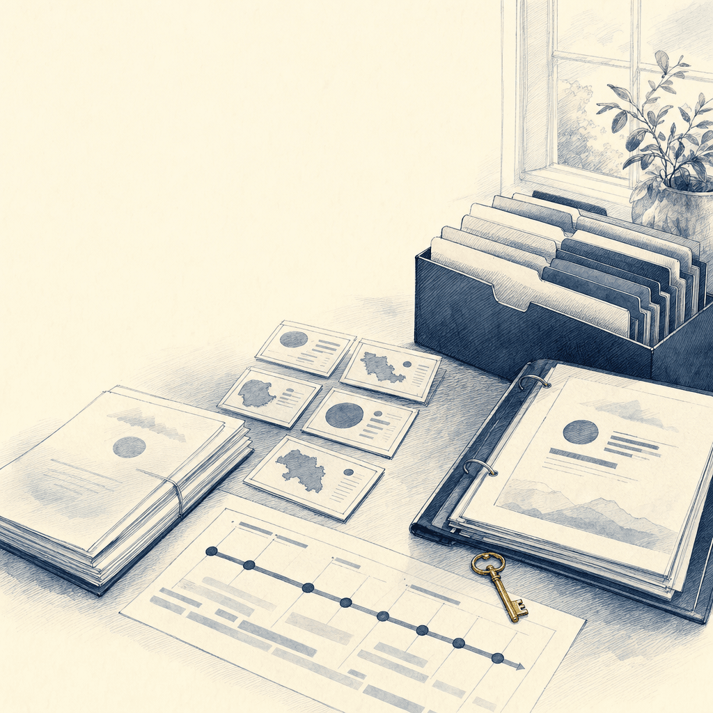 Hand-drawn illustration of sale readiness files, buyer maps, leadership narrative, and timeline
