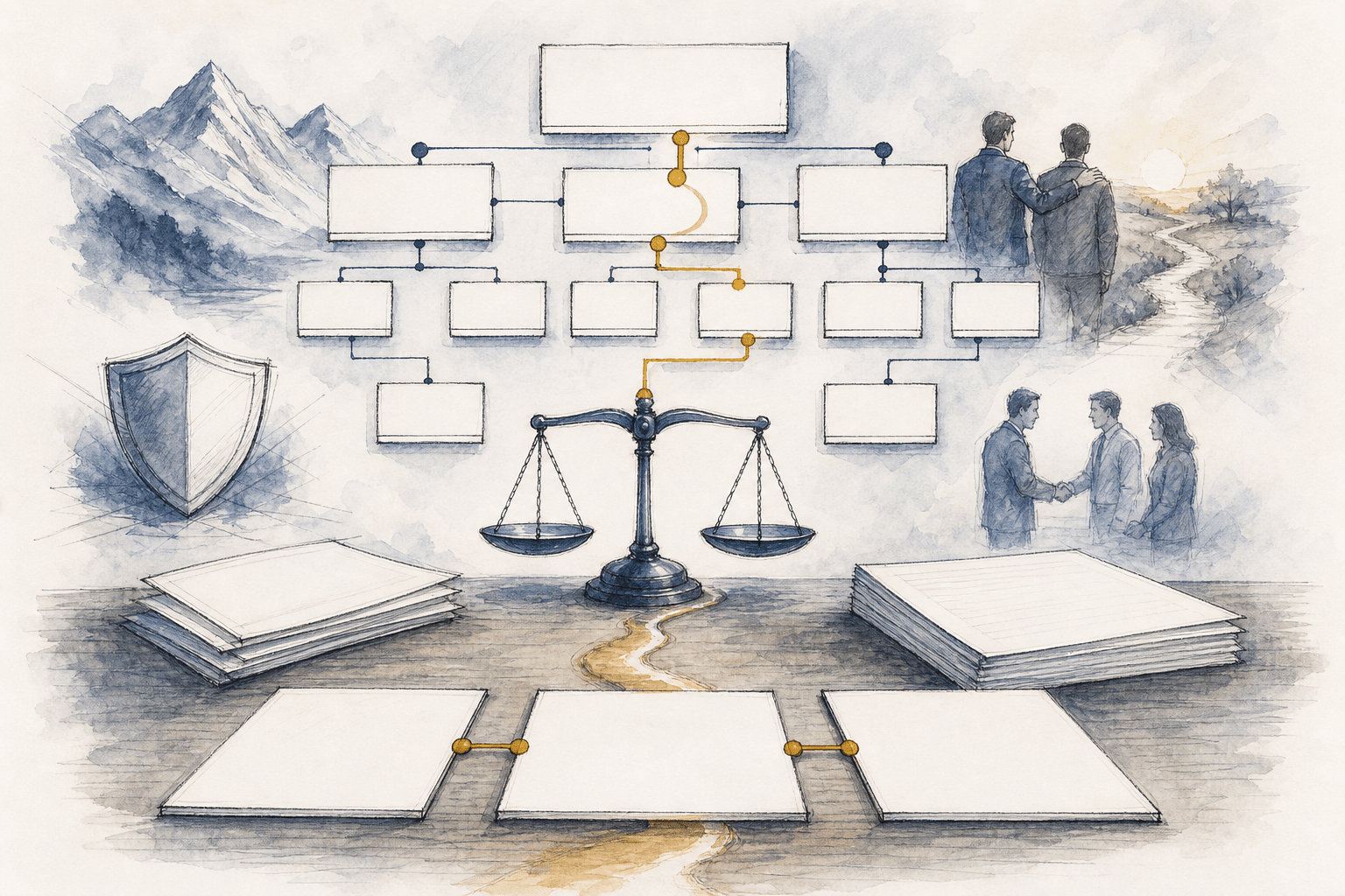 Hand-drawn deal structuring map with blank term cards and balanced transaction path
