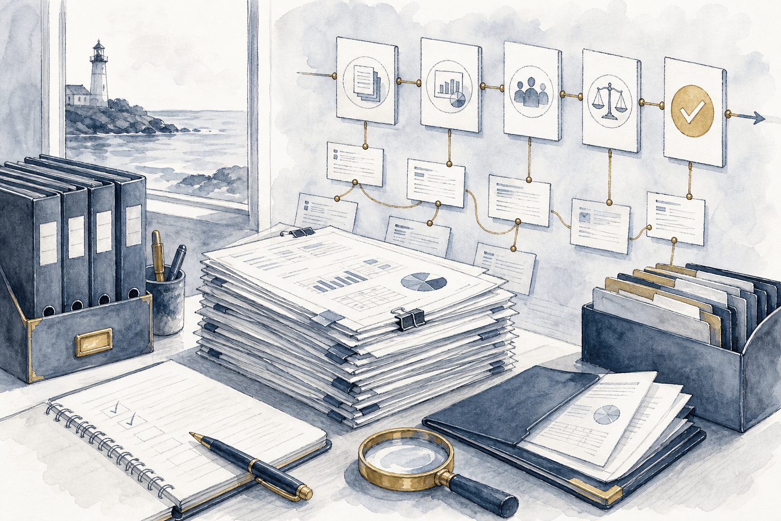 Hand-drawn post-LOI diligence flow with documents, review gates, and routed findings