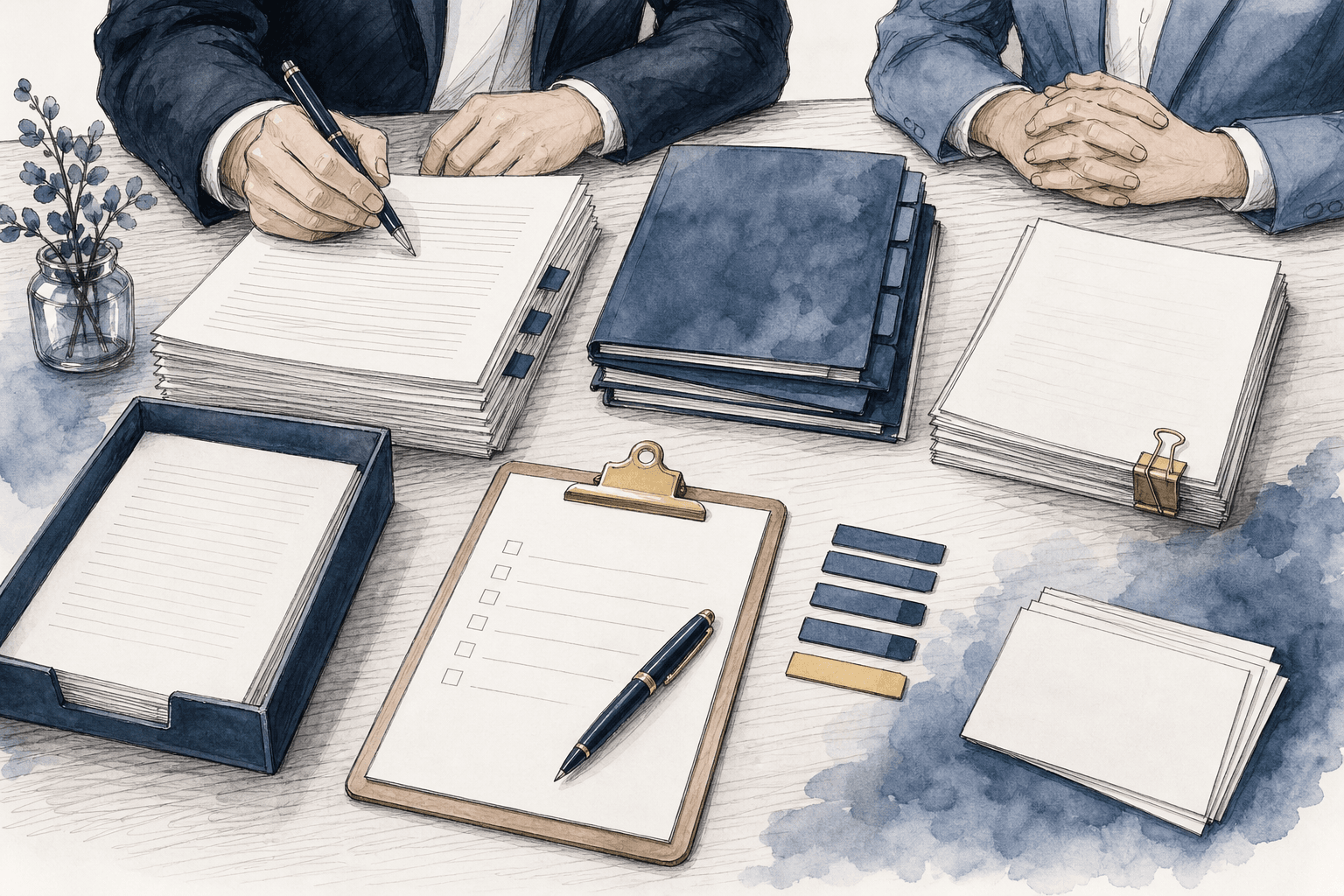 Hand-drawn purchase agreement closing table with blank documents and checklist sheets