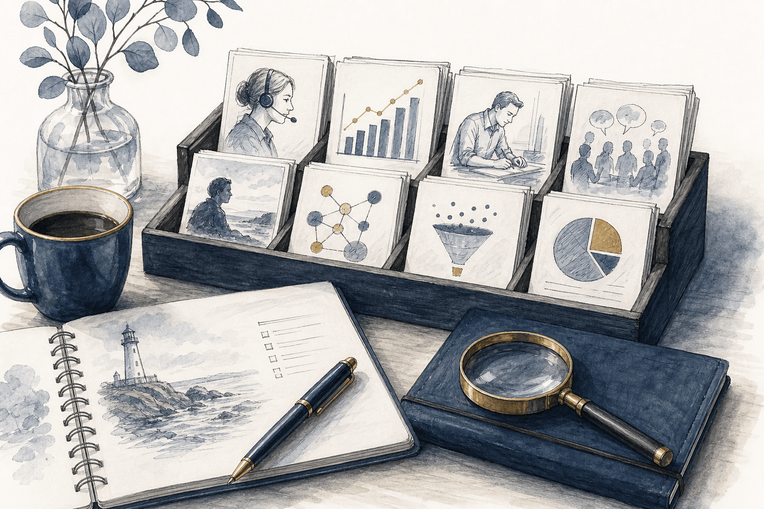 Hand-drawn validation workbench with evidence cards, calls, and market proof