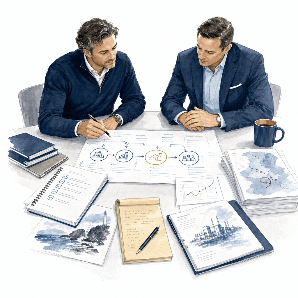 Hand-drawn SilverShore resource desk with industry guides, diligence notes, and decision maps