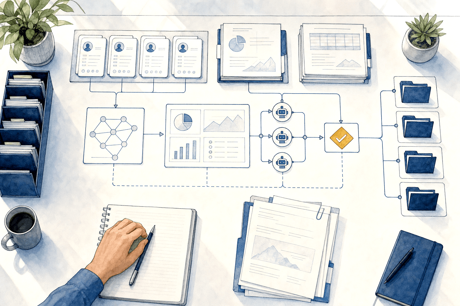 Hand-drawn due diligence automation flow with documents and approval gates