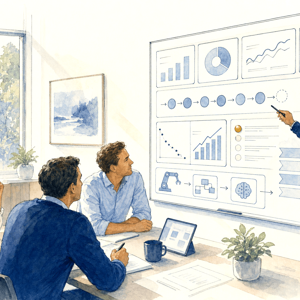 Hand-drawn investors and portfolio operators reviewing value creation systems