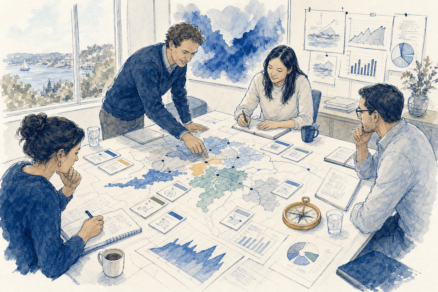 Hand-drawn investor mandate map with target clusters and compass