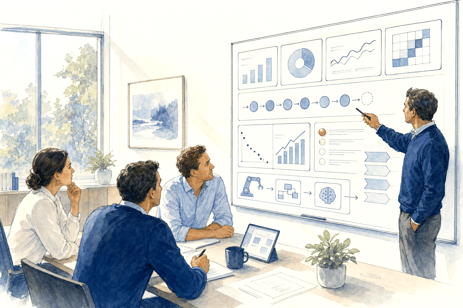 Hand-drawn investor portfolio operations and value creation board