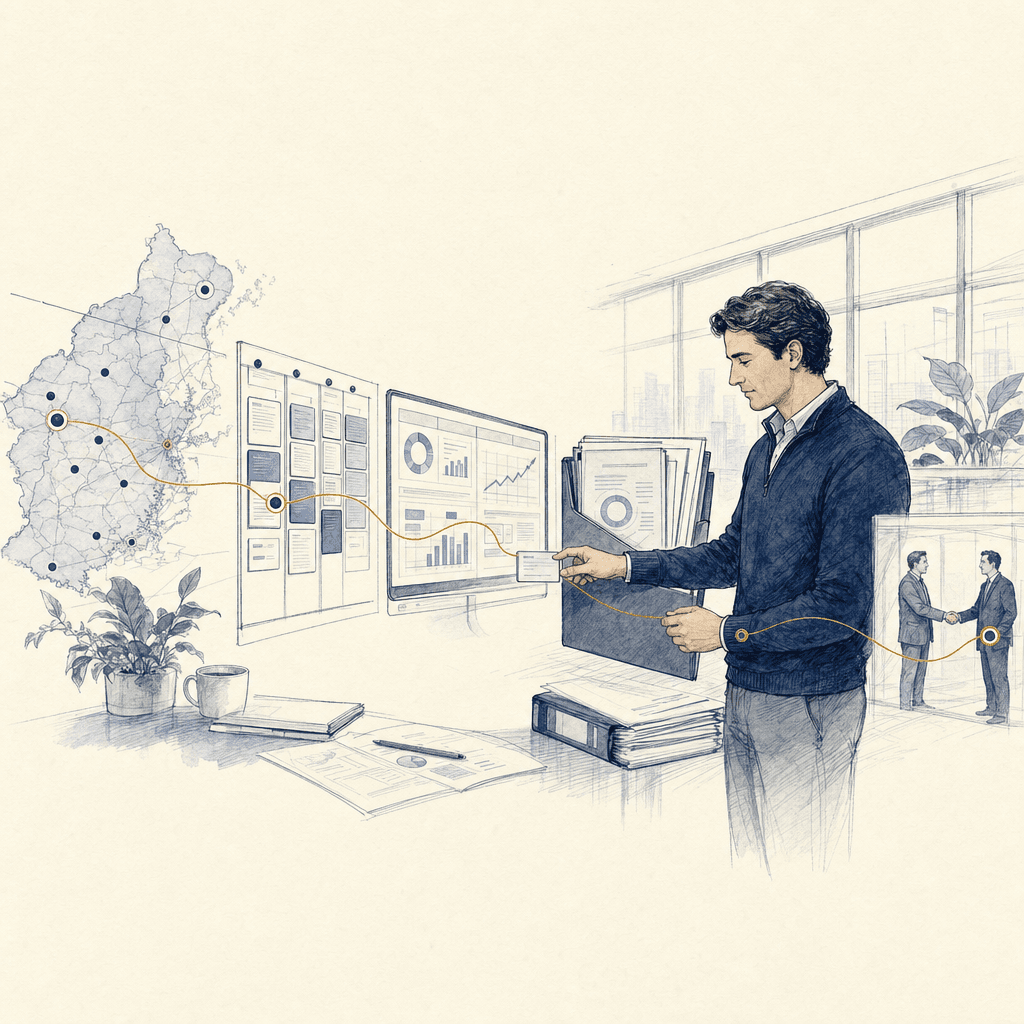 Hand-drawn operating context with dashboards, market maps, and workflow handoffs
