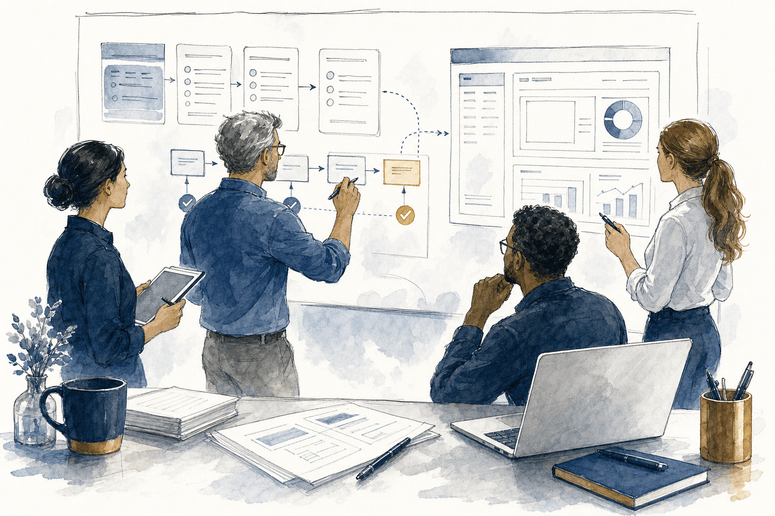 Hand-drawn AI assistant answering training course questions