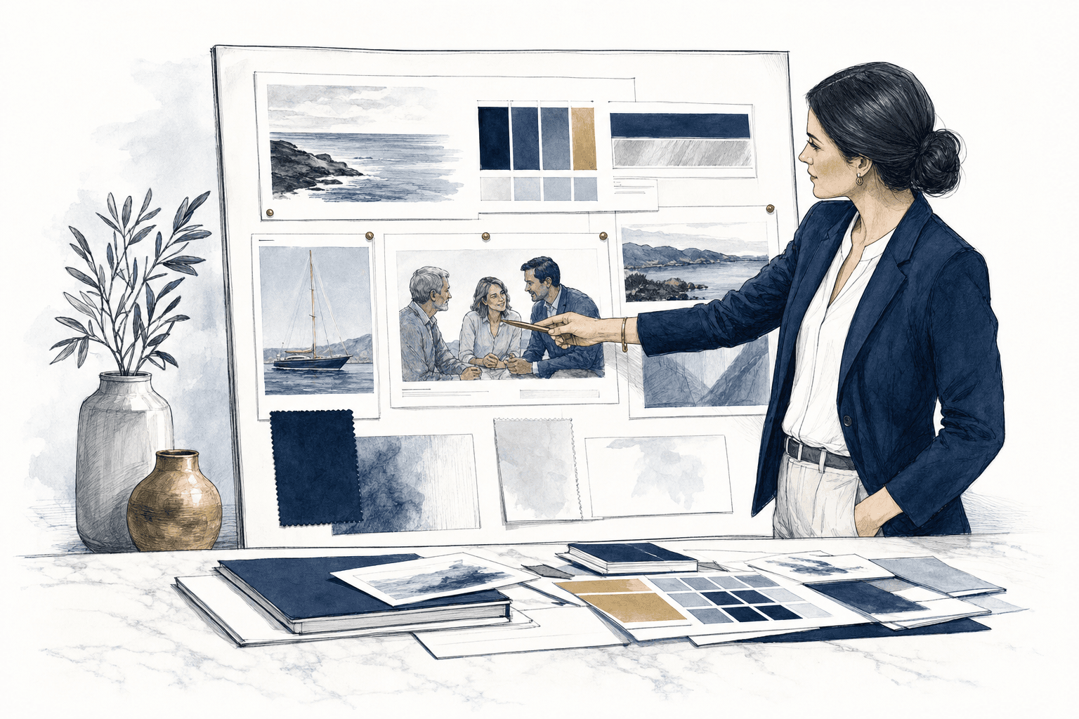 Hand-drawn brand credibility materials for a service business