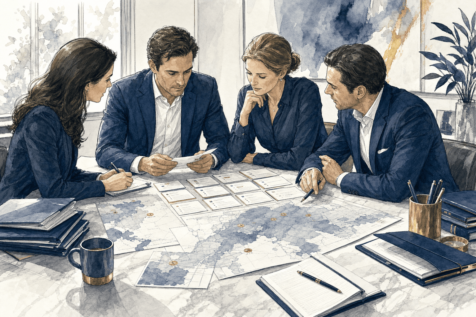 Hand-drawn investor services map with deal context and portfolio support