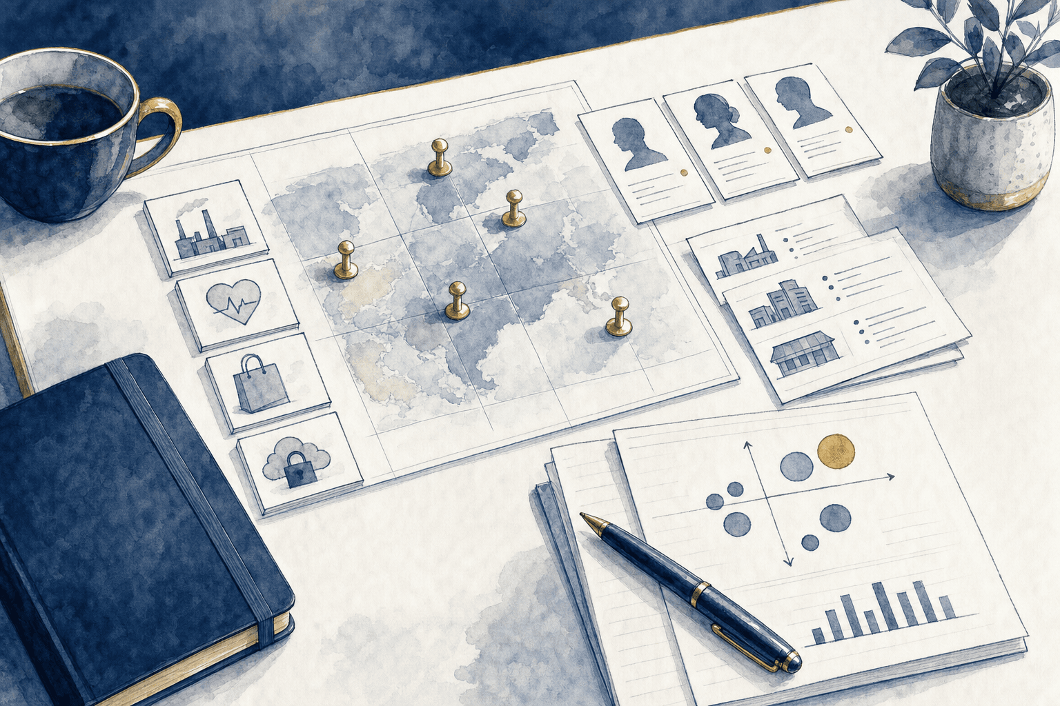 Hand-drawn market intelligence map with channels and customer signals