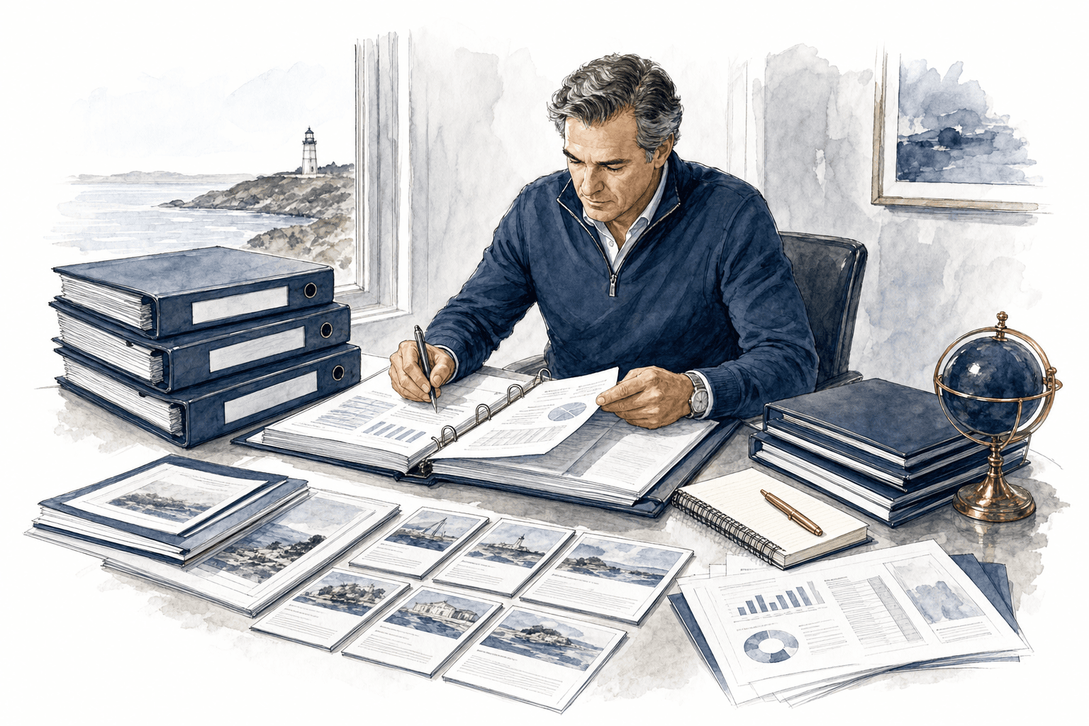 Hand-drawn illustration of sale preparation, buyer proof, and transition readiness