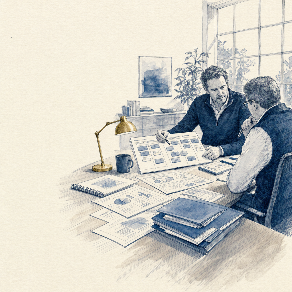 Hand-drawn illustration of a portfolio company charting a growth path