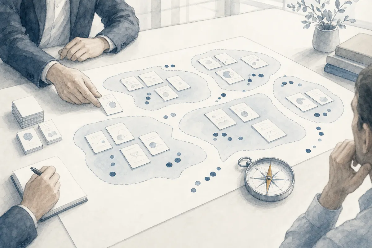 Hand-drawn illustration of a buyer map connecting acquisition targets and market routes