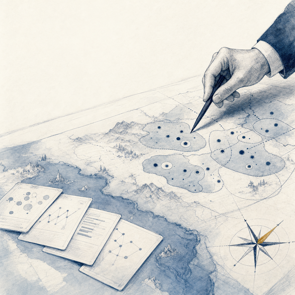 Hand-drawn illustration of market intelligence, sector mapping, and a compass