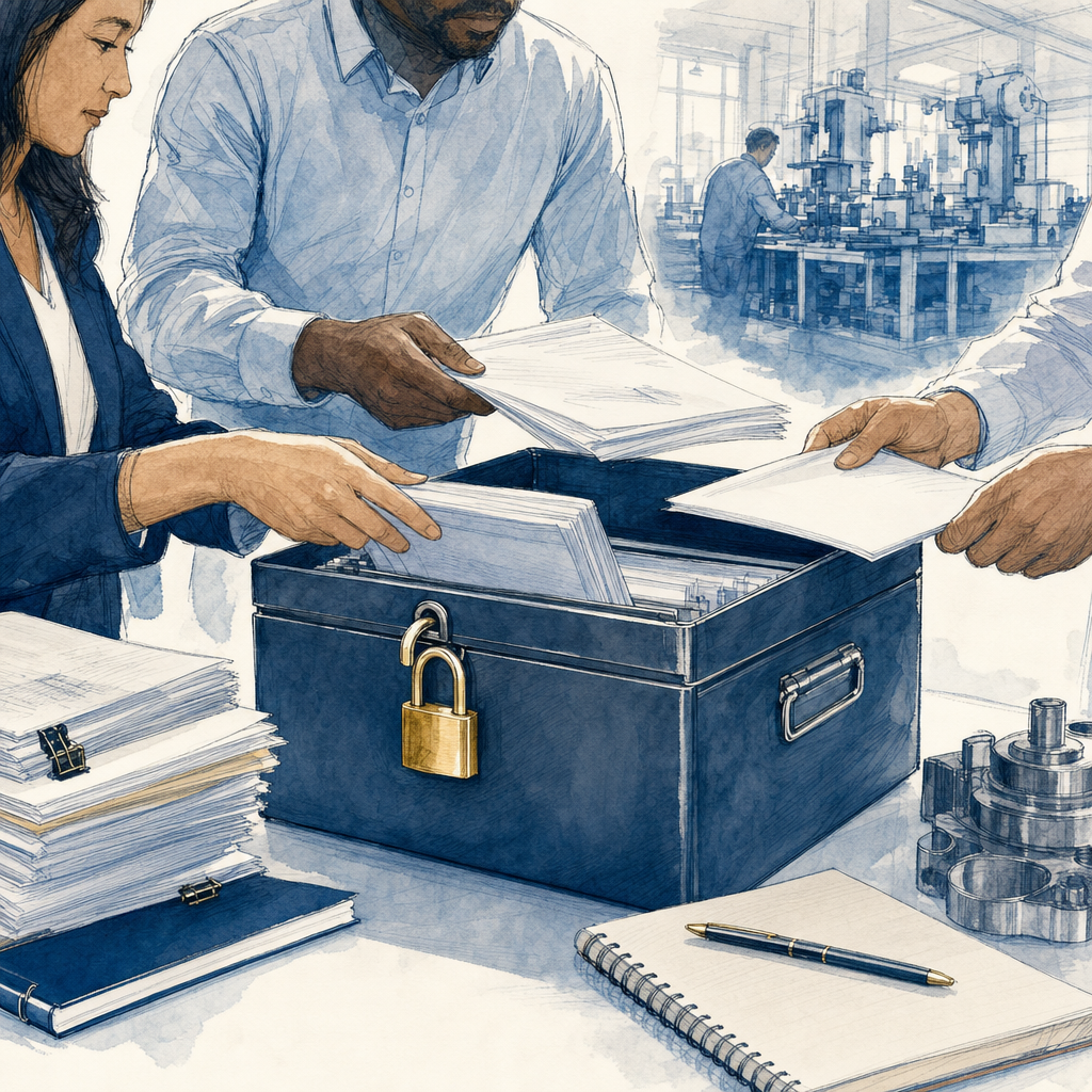 Hand-drawn diligence workspace with financial statements, quality of earnings review, and closing checklist