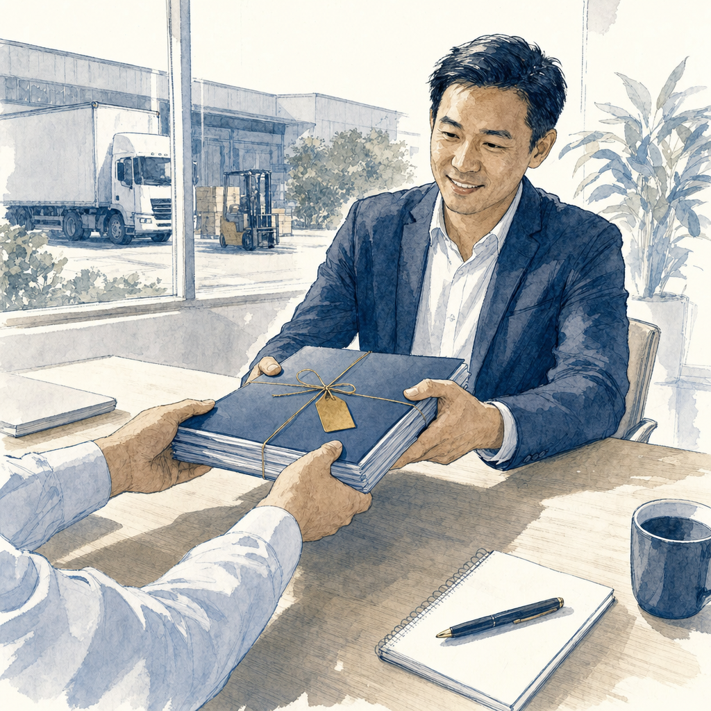 Hand-drawn deal room with organized financials, contracts, and buyer diligence materials