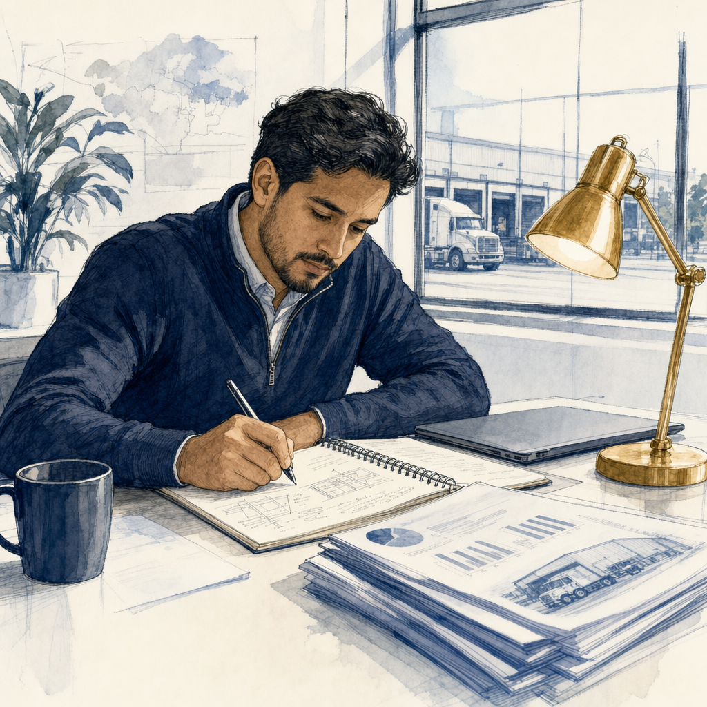 Hand-drawn market intelligence research desk with AI tools, source notes, and competitor mapping