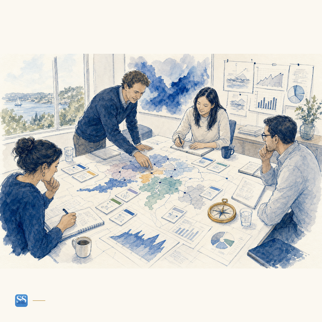 SilverShore hand-drawn illustration of an investor team reviewing a regional market map and company data