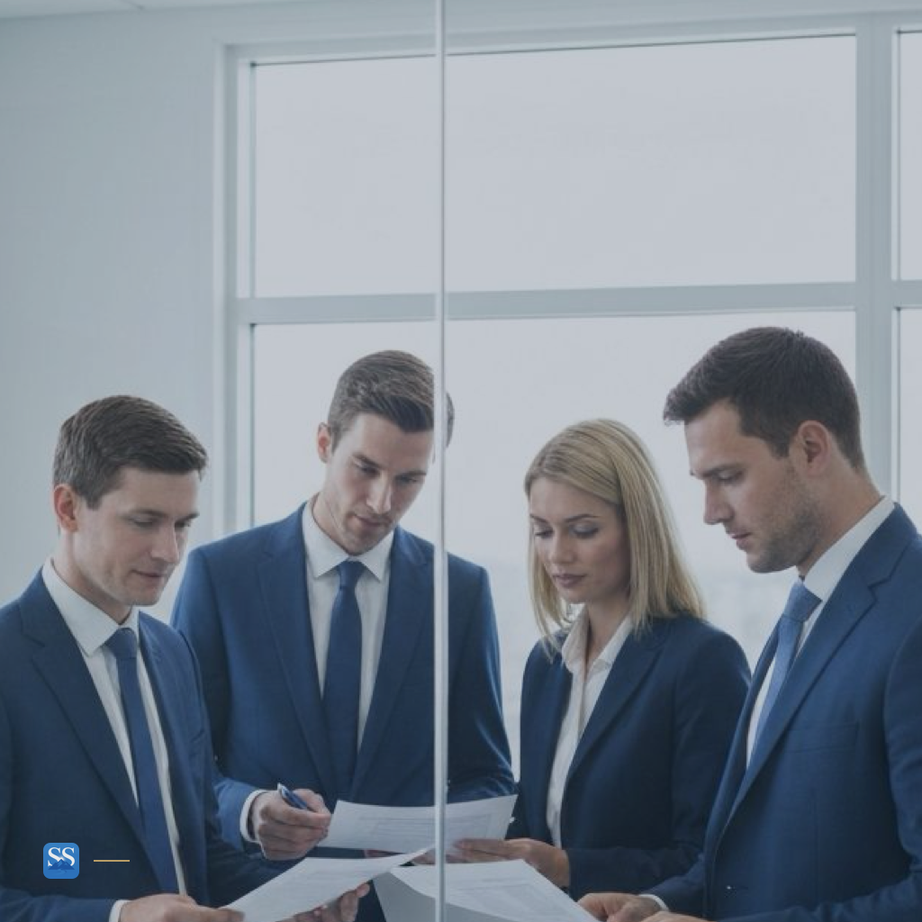 A private equity deal team reviews a company presentation together in a bright conference room.