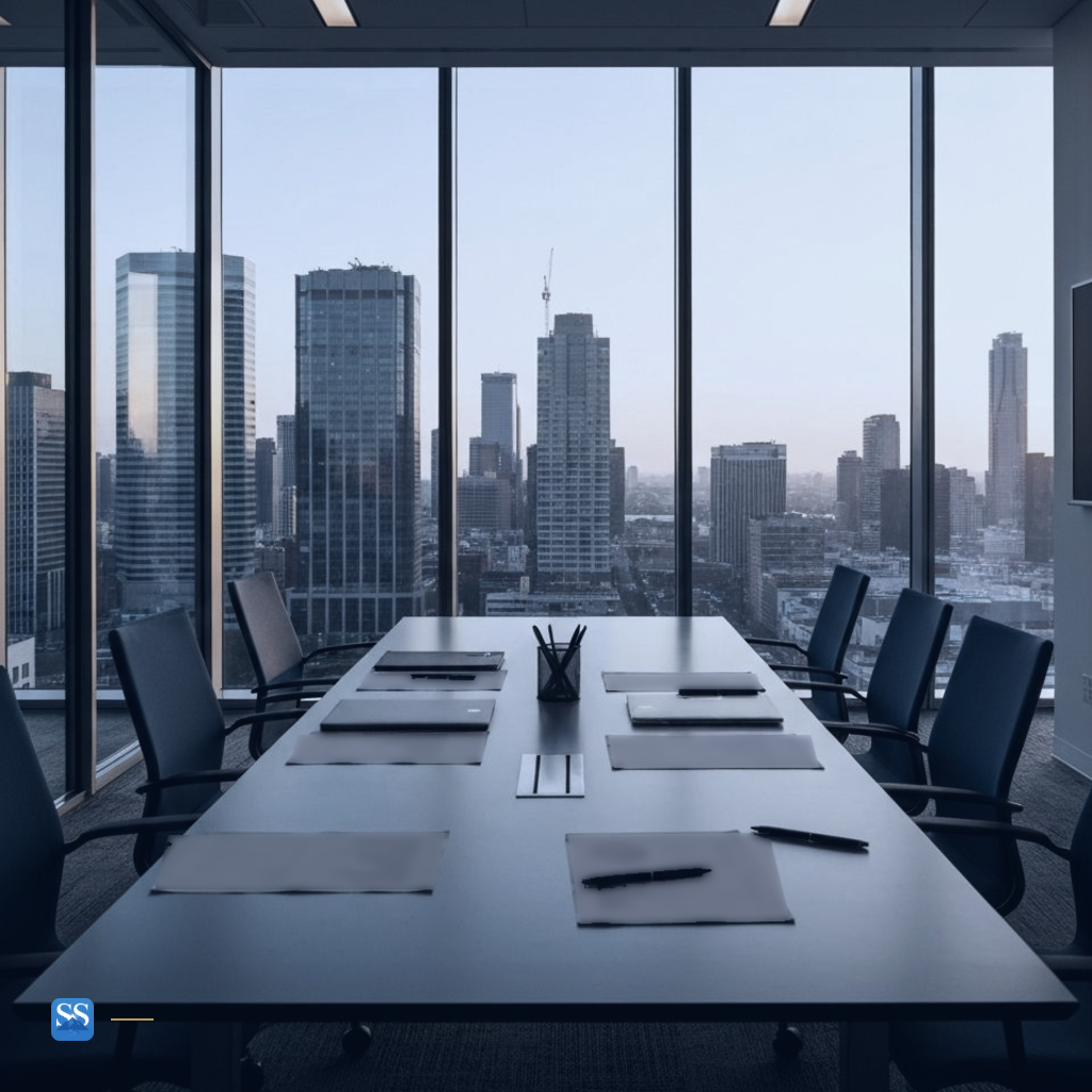 A quiet boardroom table with papers arranged for an initial company review and city windows in the background
