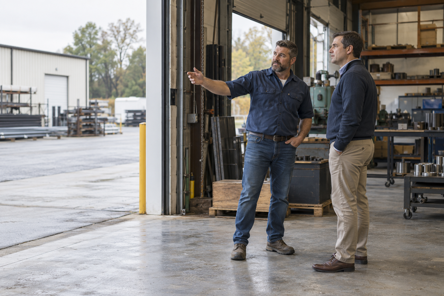 A business owner shows a potential buyer through a small industrial property